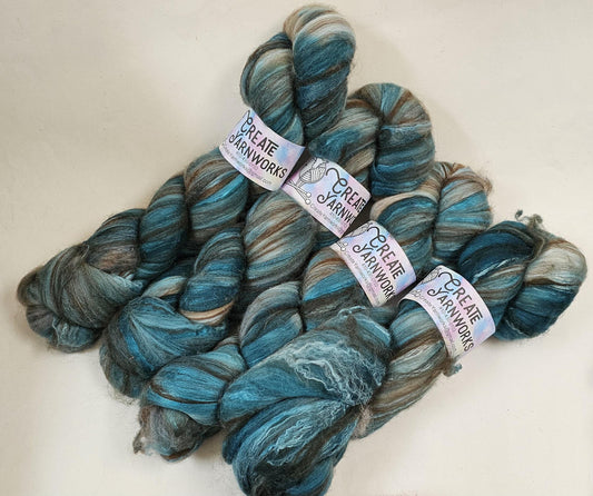 Tempting Teal in Merino/ Brown Alpaca/ Camel/ Mulberry Silk blend Top 4oz braid