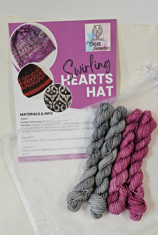 Swirling Hearts Knitted Hat Kit - Pattern and Yarn Included - Shades of Grey and Valentine Blush Sparkles