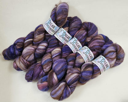 Lavender in Merino/ Brown Alpaca/ Camel/ Mulberry Silk blend Top 4oz braid