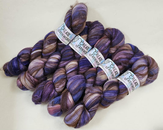 Lavender in Merino/ Brown Alpaca/ Camel/ Mulberry Silk blend Top 4oz braid