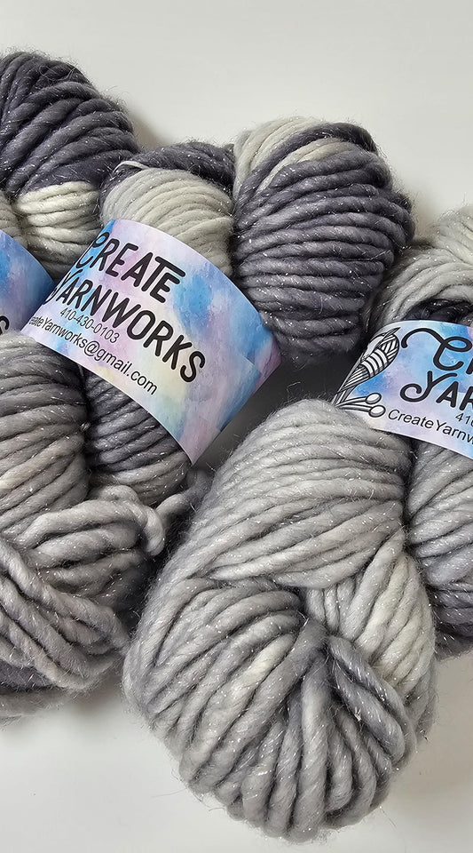 Stormy Skies in Silver Sparkle Superwash Merino Blend  Super Bulky Weight Yarn