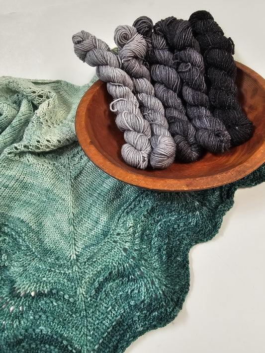 Gradient Knitted Shawl Kit in Almost Black Sparkle Gradient - Pattern and Yarn Included