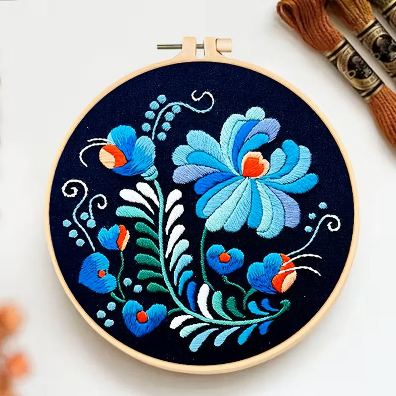 Blue Jacobean Style Floral Embroidery Kit
