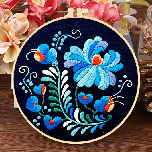 Blue Jacobean Style Floral Embroidery Kit