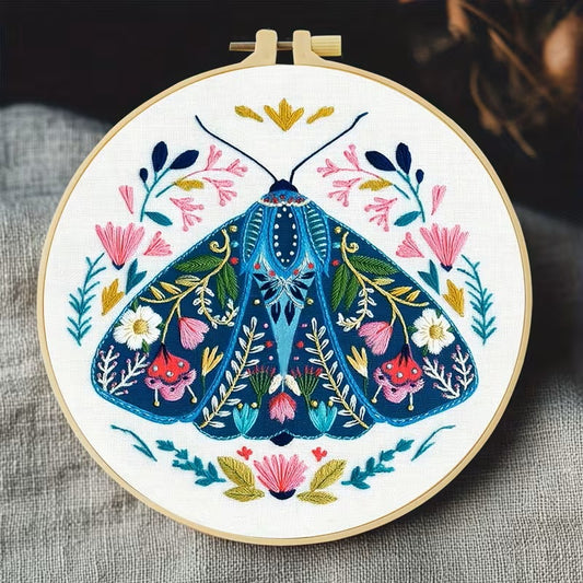 Blue Moth with Flowers Embroidery Kit