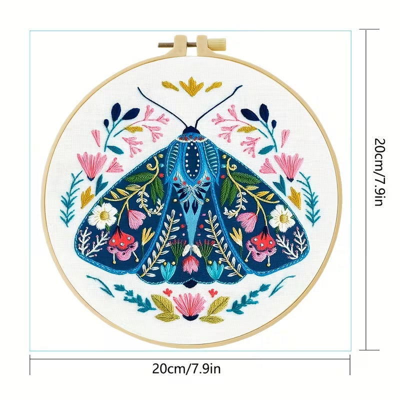 Blue Moth with Flowers Embroidery Kit