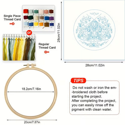 Blue Moth with Flowers Embroidery Kit