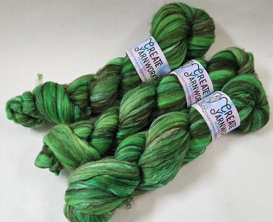 Irish Green in Merino/ Brown Alpaca/ Camel/ Mulberry Silk blend Top 4oz braid
