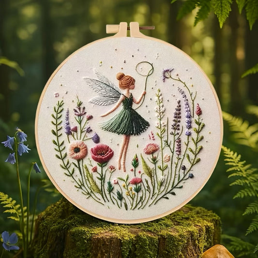 Green Garden Fairy with Flowers Embroidery Kit