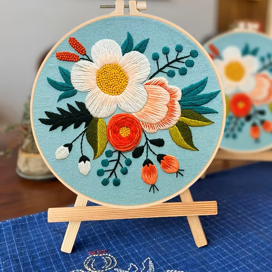 Flowers on Blue Embroidery Kit