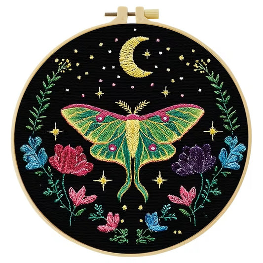 Green Moth with Moon Embroidery Kit
