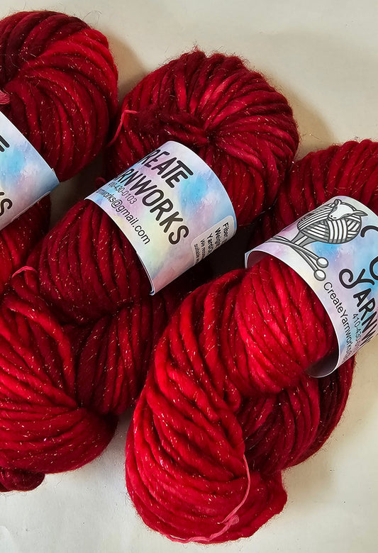 Ragin Red in Silver Sparkle Superwash Merino Blend  Super Bulky Weight Yarn