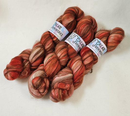 Broken Peach in Merino/ Brown Alpaca/ Camel/ Mulberry Silk blend Top 4oz braid