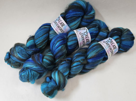Blue Skies in Merino/ Brown Alpaca/ Camel/ Mulberry Silk blend Top 4oz braid