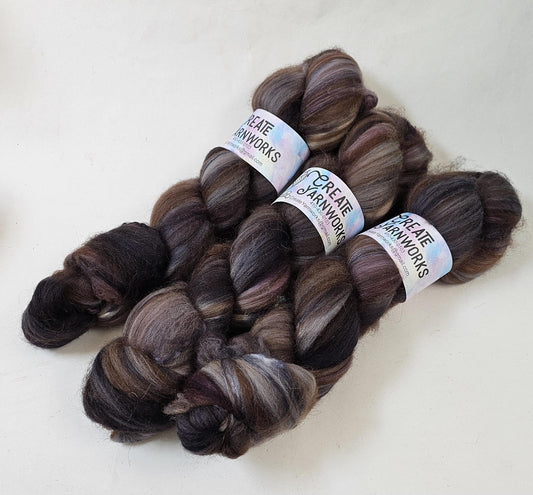 Stormy Skies in Merino/ Brown Alpaca/ Camel/ Mulberry Silk blend Top 4oz braid