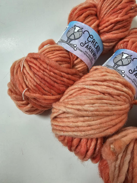 Broken Peach in Silver Sparkle Superwash Merino Blend  Super Bulky Weight Yarn