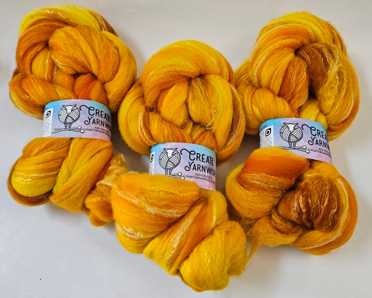 Goldilocks in Targhee, Bamboo and Silk Top Roving Custom Blend 4oz braid