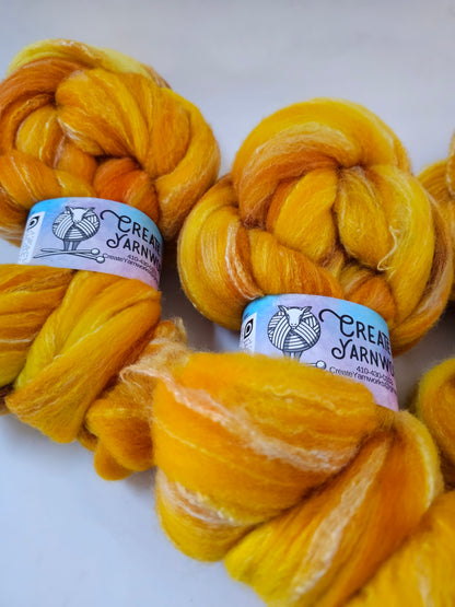 Goldilocks in Targhee, Bamboo and Silk Top Roving Custom Blend 4oz braid