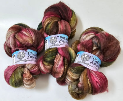 Rose Garden in Merino/ Brown Alpaca/ Camel/ Mulberry Silk blend Top 4oz braid