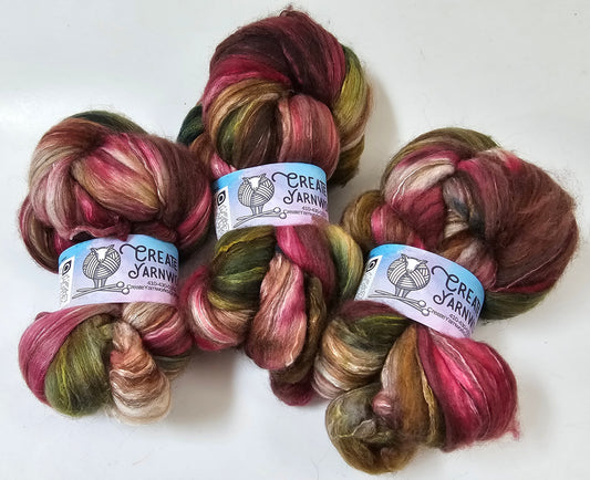 Rose Garden in Merino/ Brown Alpaca/ Camel/ Mulberry Silk blend Top 4oz braid