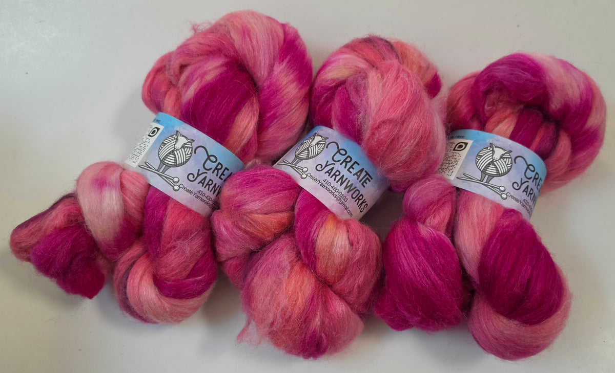 Pretty in Pink in Baby Alpaca / Tussah Silk custom blend Top 4oz braid
