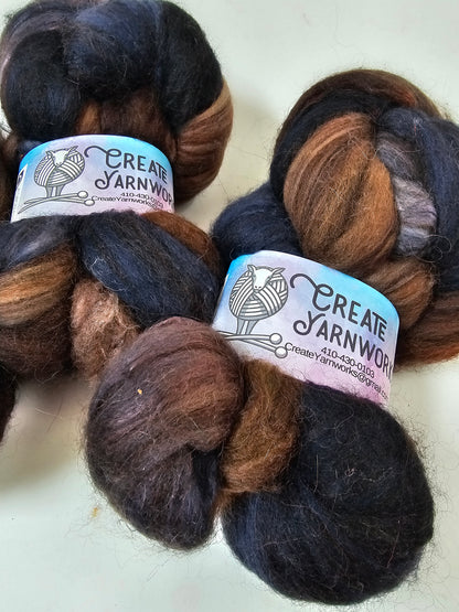 I Wanna Be a Cowboy in Merino/ Brown Alpaca/ Camel/ Mulberry Silk blend Top 4oz braid