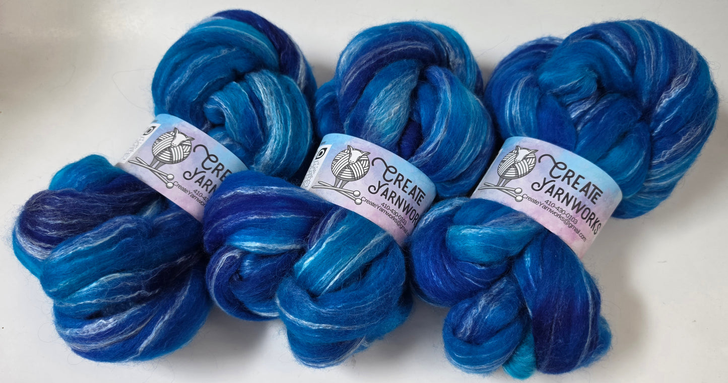 Blue Skies in Cormo/ Rose Fiber/ Baby Alpaca custom blend Top 4oz braid