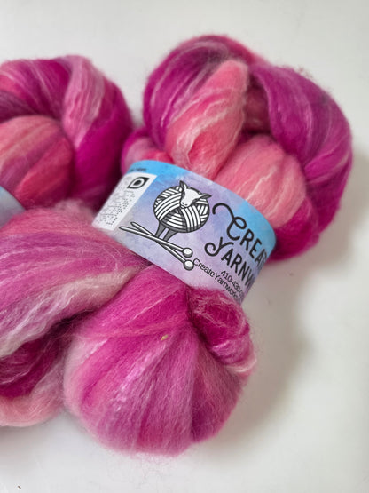 Pretty in Pink in Cormo/ Rose Fiber/ Baby Alpaca custom blend Top 4oz braid