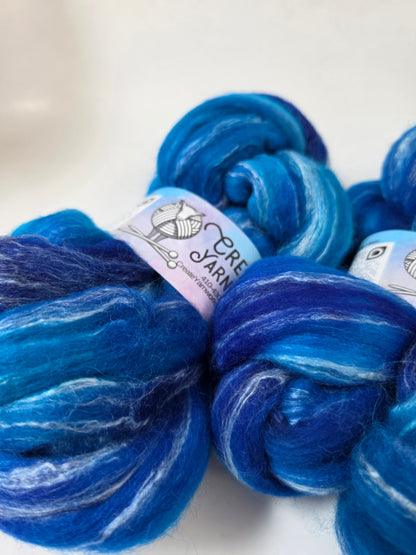 Blue Skies in Cormo/ Rose Fiber/ Baby Alpaca custom blend Top 4oz braid