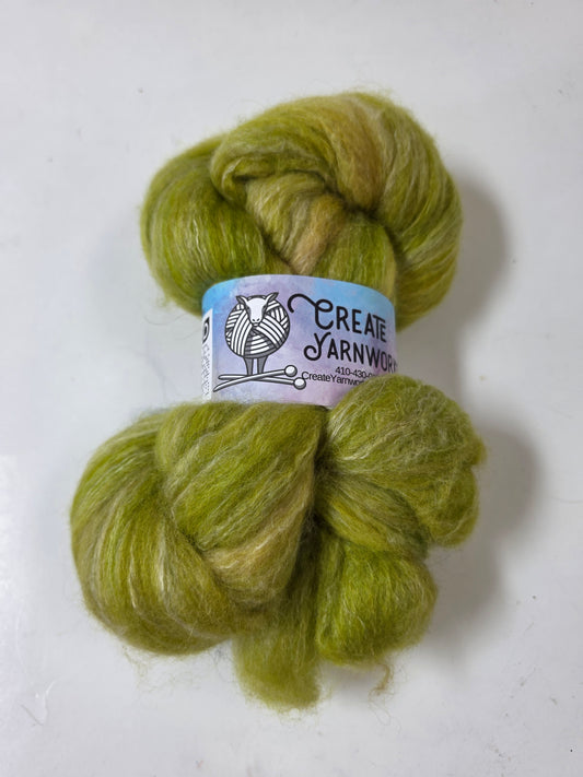 Grinch in BFL, Rose Fiber and Baby Alpaca Top Roving Blend 4oz braid