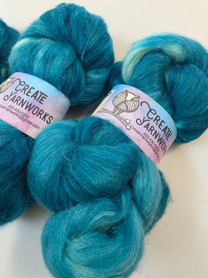 Tempting Teal in Baby Alpaca / Tussah Silk custom blend Top 4oz braid