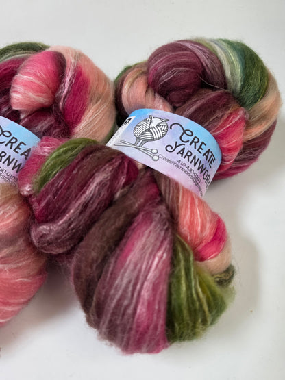 Rose Garden in Cormo/ Rose Fiber/ Baby Alpaca custom blend Top 4oz braid