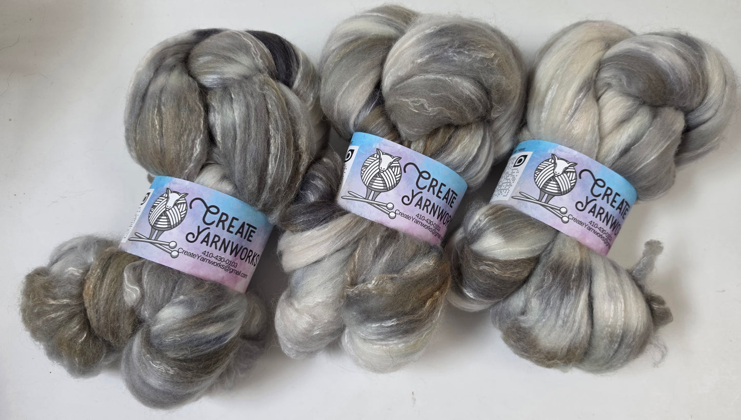 Stormy Skies in Cormo/ Rose Fiber/ Baby Alpaca custom blend Top 4oz braid