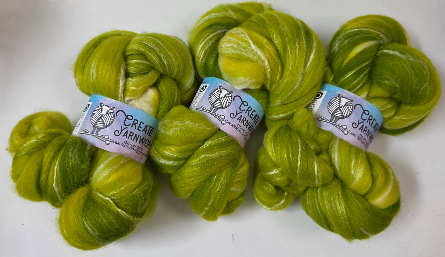 Grinch in Cormo/ Rose Fiber/ Baby Alpaca custom blend Top 4oz braid