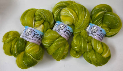 Grinch in Cormo/ Rose Fiber/ Baby Alpaca custom blend Top 4oz braid