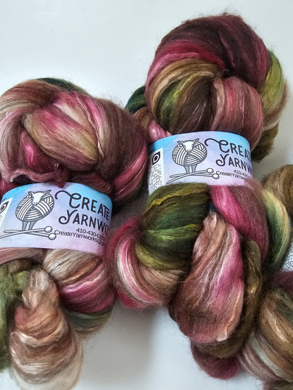 Rose Garden in Merino/ Brown Alpaca/ Camel/ Mulberry Silk blend Top 4oz braid