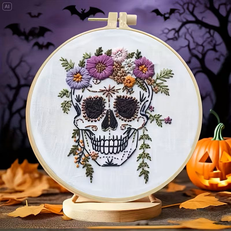 Skull with Flowers Embroidery Kit